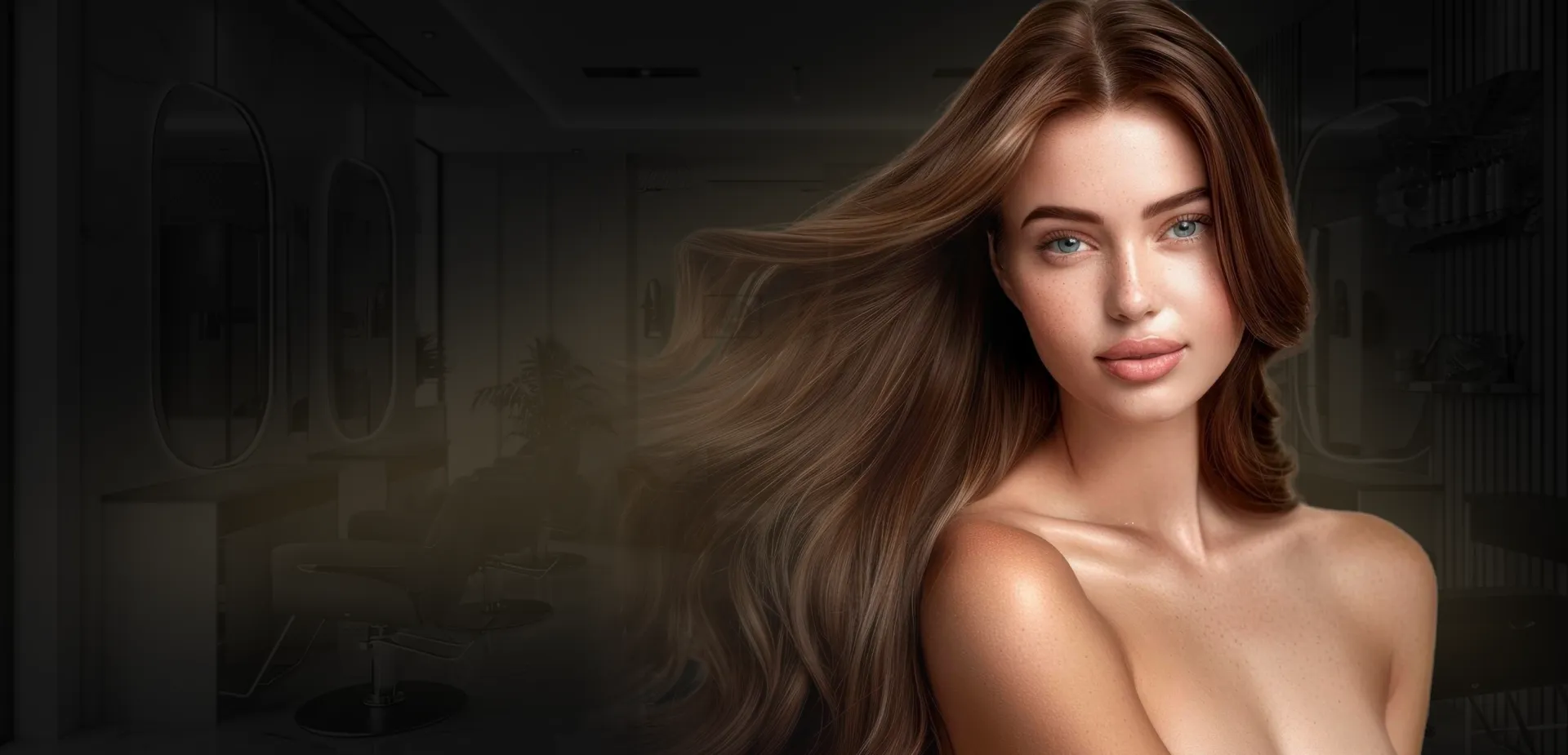 Modelo con cabello largo castaño en el interior de un salón de belleza
