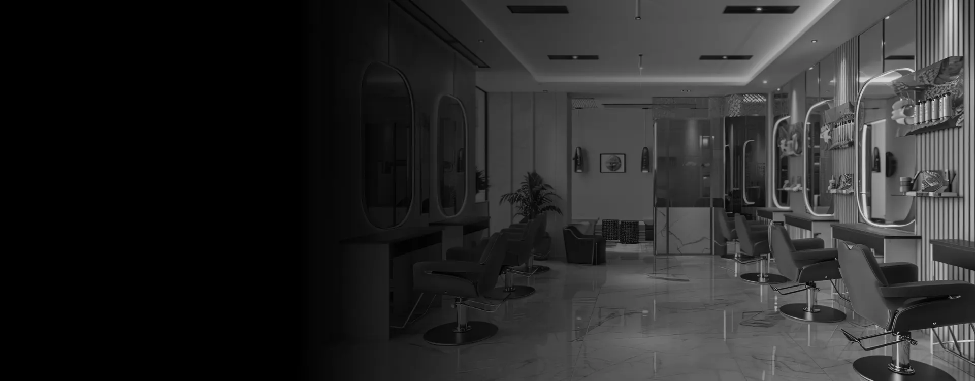 Interior de un salón de belleza en blanco y negro